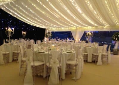 Marquees.Com | Modular and Clearspan Marquee Hire Cheshire and North West | Pealight canopy over wedding tables